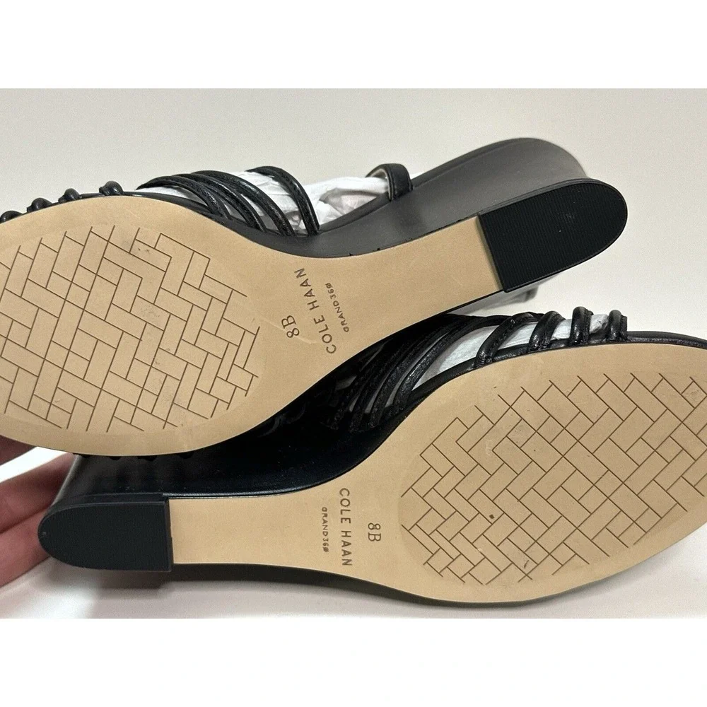 Cole Haan, Jitney Knot Wedge Sandals, Black Leather, Size‎ 8B